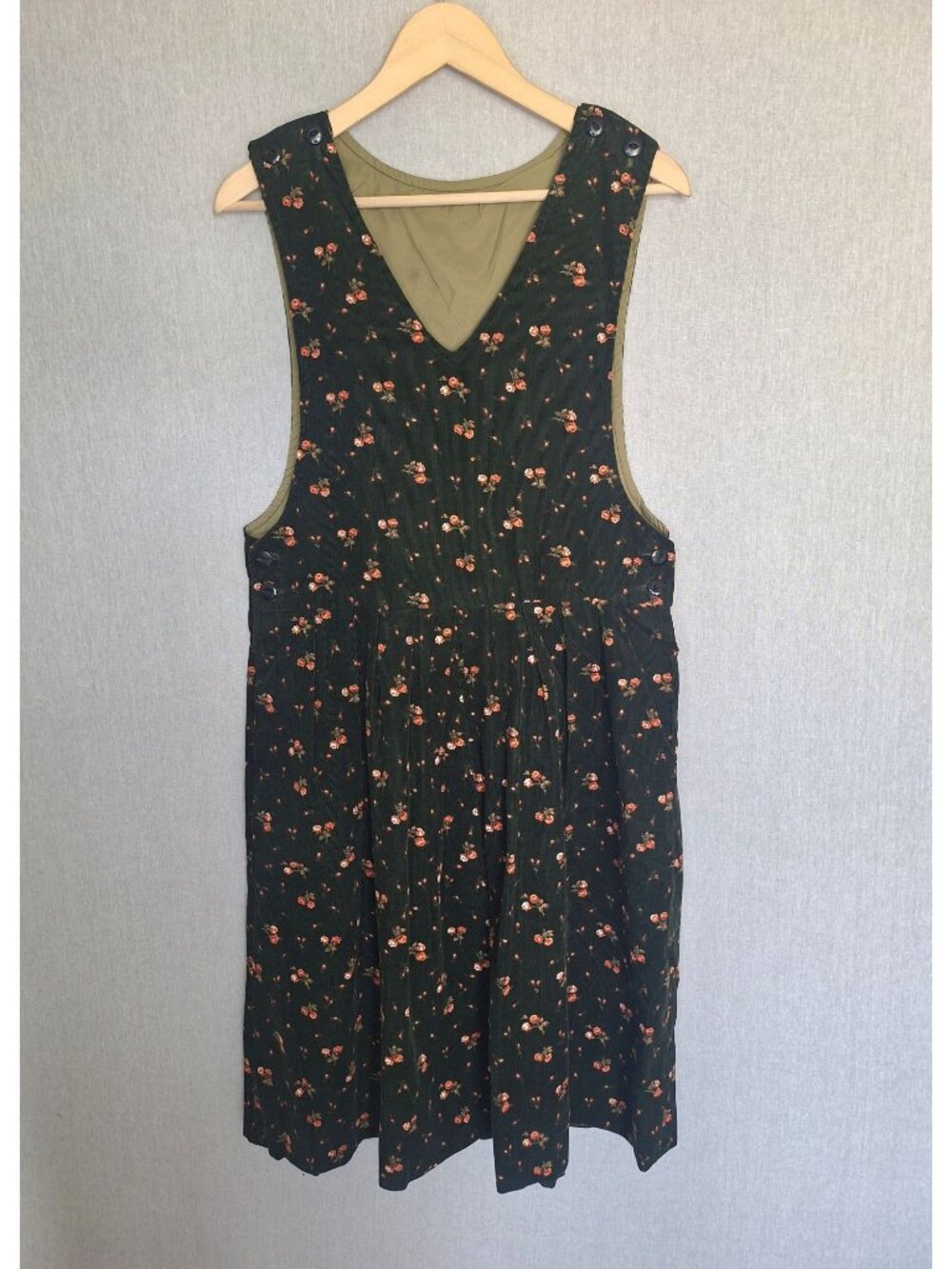 💙 Floral Corduroy Pinafore Midi Dress Size M Pleated Olive Green Sleeveless Jum - Picture 8 of 8